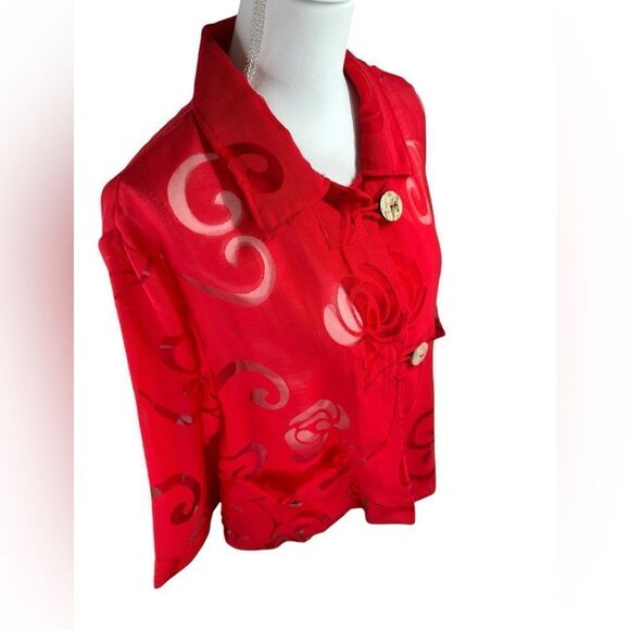 Kaktus 3/4 Sleeve Blouse Vibrant Red Sheer Button-Up Size XL - Picture 6 of 10